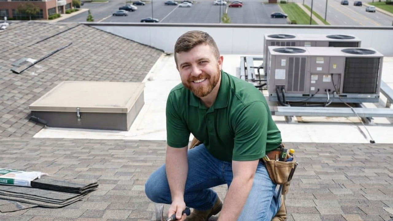 Commercial Roofer repairing shingles near hvac unit