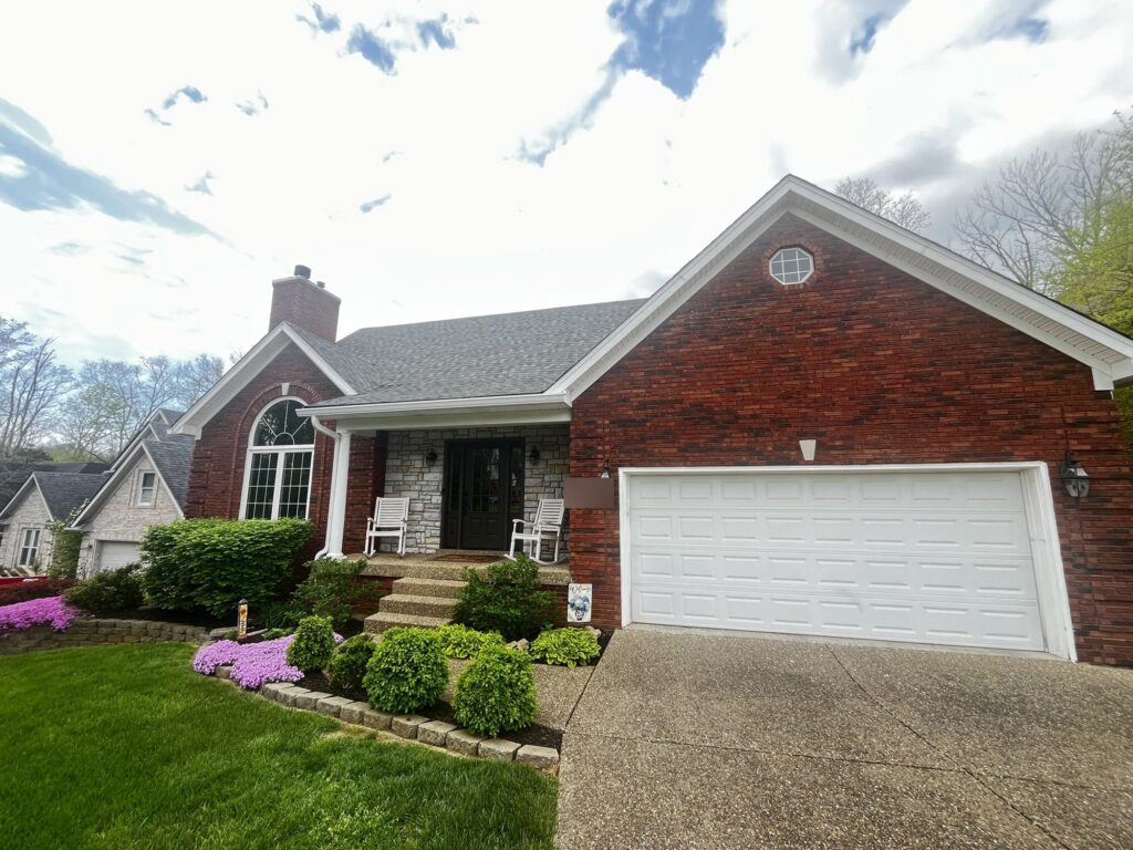 Completed roof replacement on Chenwood Lane in Jeffersontown, KY: TAMKO Titan XT in Thunderstorm Grey